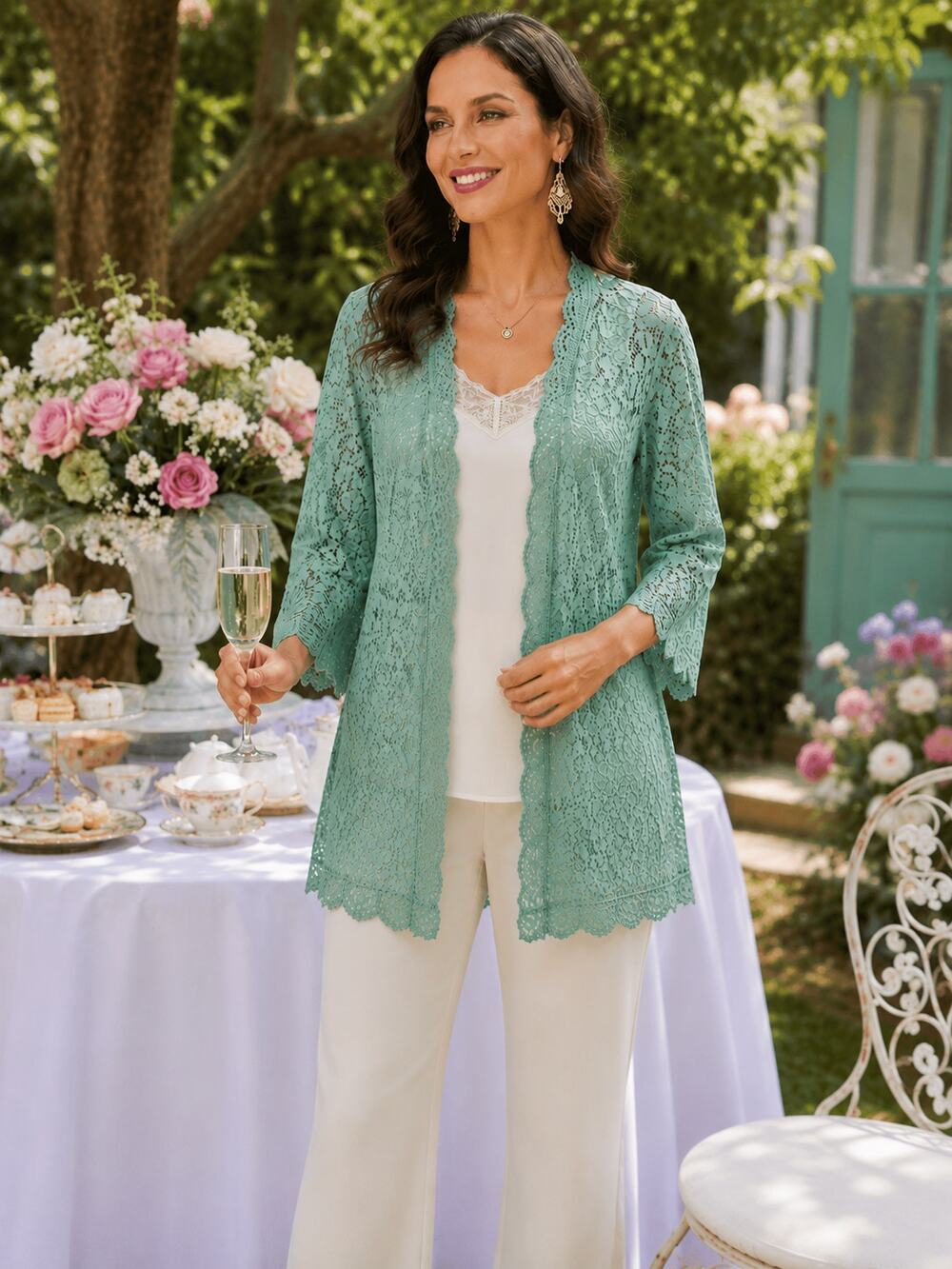 Isaac Mizrahi Live Lace Kimono Cardigan Mint Green Large NWOT Boho Duster